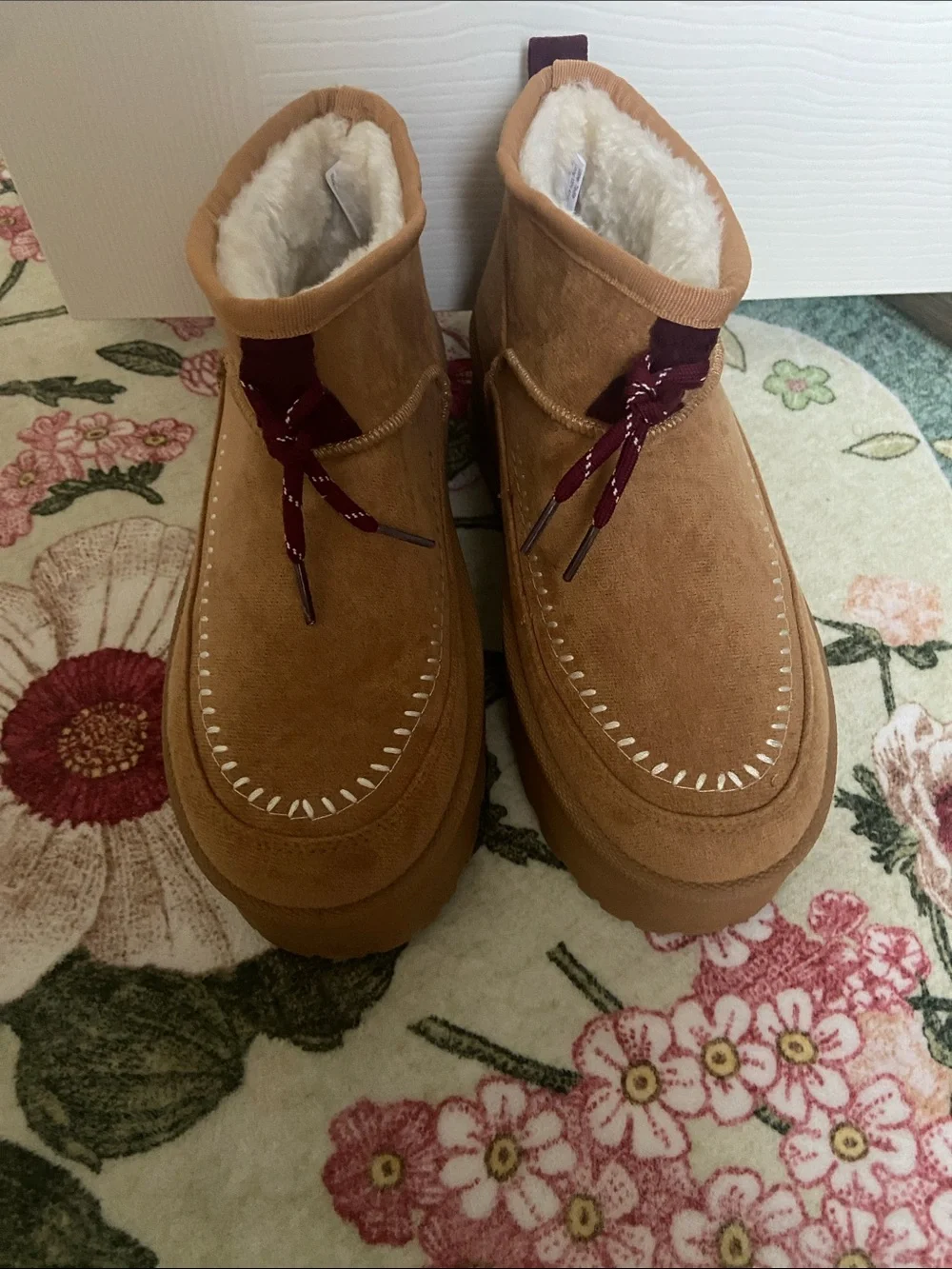 Mudd Tan Suede Platform Ankle Boots with Burgundy Laces
